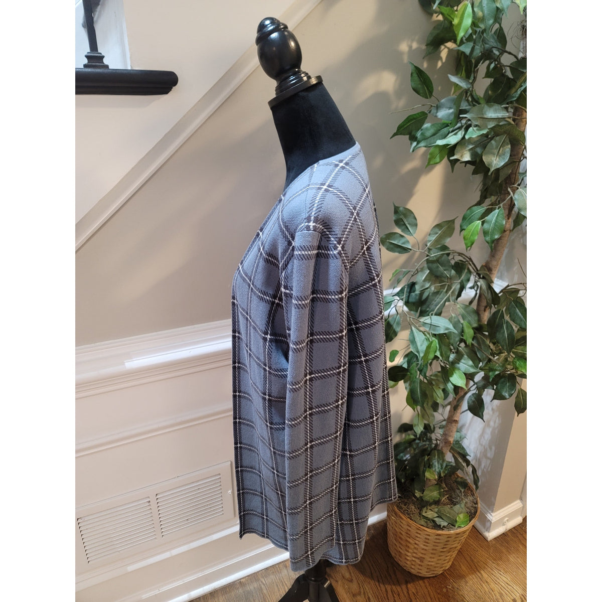 Loft Cardigan Sweater Women's Medium Blue Windowpane Plaid Longline Open Front