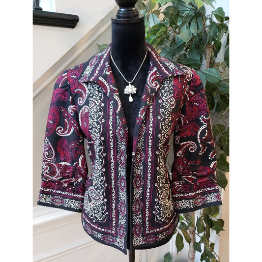 Coldwater Creek Women's Red & Black Cotton Long Sleeve Cropped Jacket Blazer 10