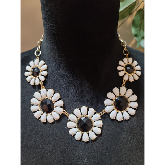 Women's Black And White Flower Statement Necklace With Lobster Clasp Closure