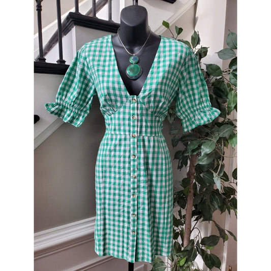 In Fluence Women's Green & White Cotton V-Neck Short Sleeve Knee Length Dress 12