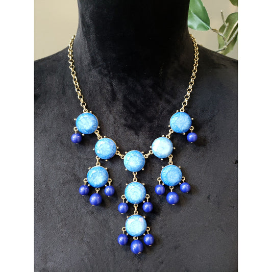 Women's Blue Statement Necklace Faceted Beads Dangle Drops EL Lobster Clasp