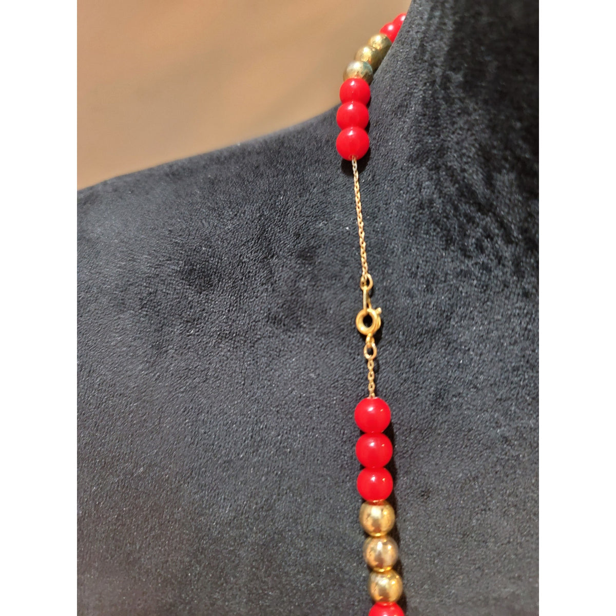 Women's Red Beaded Necklace With Gold Tone Beads And Spring Ring Lock Jewelry