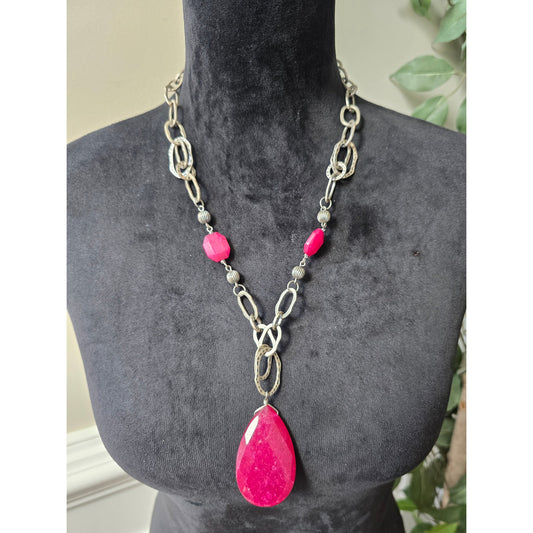 Women's Chunky Silver Chain Necklace With Pink Gemstone Pendant Lobster Clasp