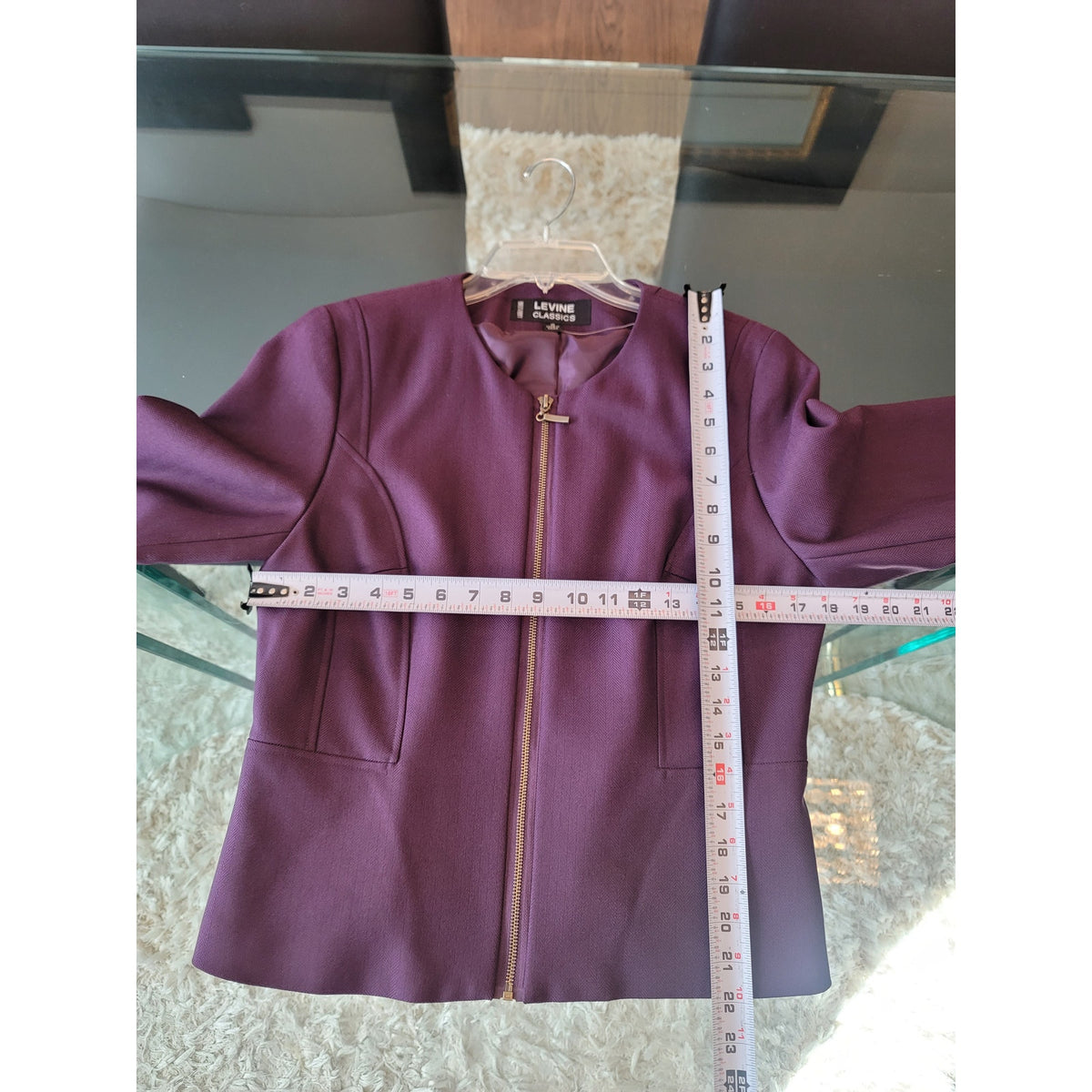 Levine Tailored Jacket Womens SZ 10 Eggplant Flare Sleeve Crew Neck Front Zipper