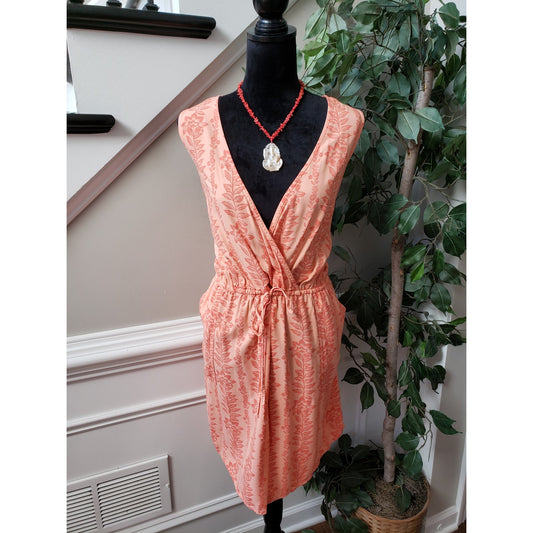 Time and Tru Knee Length Dress Women XL Orange Floral Surplice V Neck Drawstring