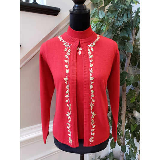 Designers Originals Cardigan Sweater Women's PS Red Embroidery Open Front