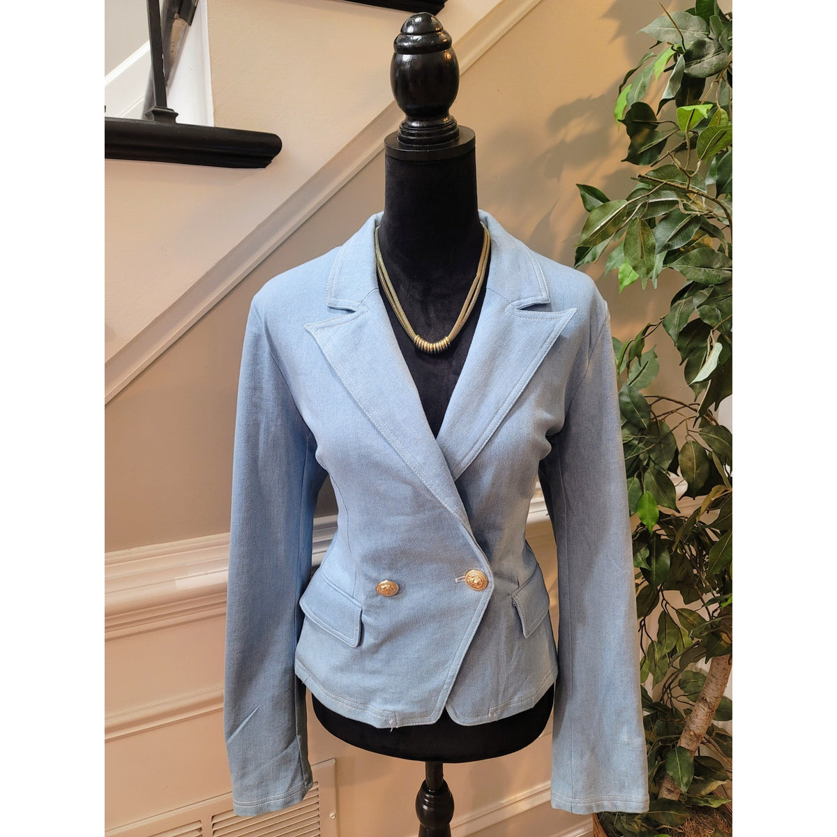 Fashion Nova Blazer Jacket Women's Large Blue Button Double Breasted Welt Pocket
