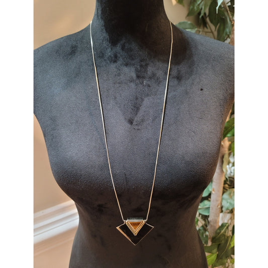 Women's Long Geometric Pendant Necklace With Lobster Clasp Black Gold Tone