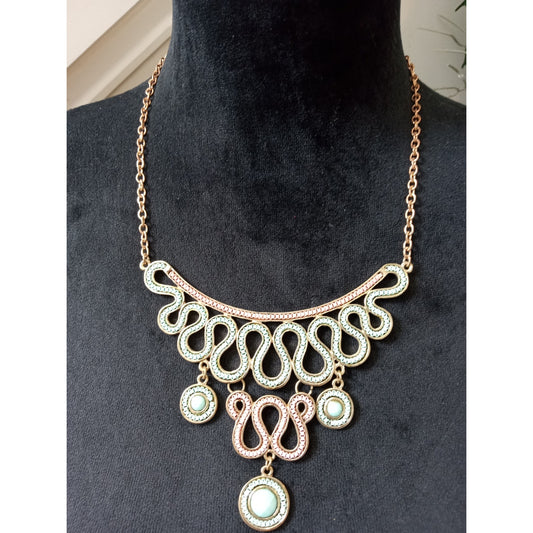 Vintage Gold Tone Scroll Statement Necklace Faux Pearl Dangle Victorian Style