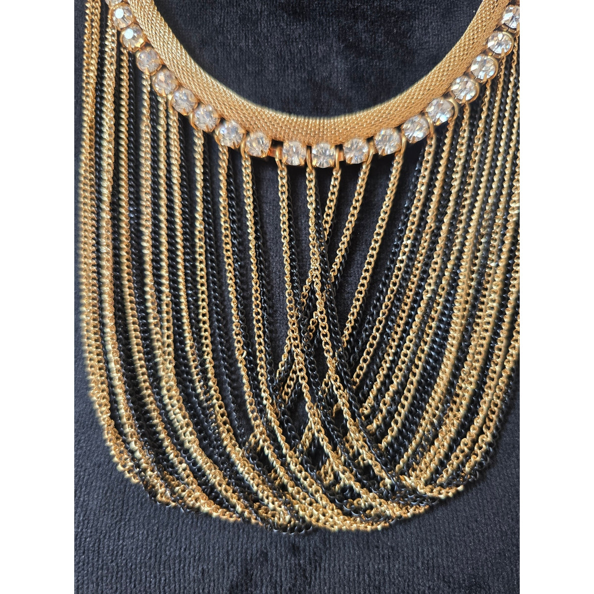 Gold Tone Multi Strand Draped Chain Bib Statement Necklace Rhinestone Fashion