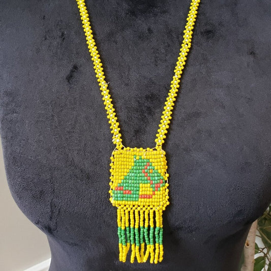 Vintage Womens Yellow Green Beaded Native American Medallion Tassel Necklace