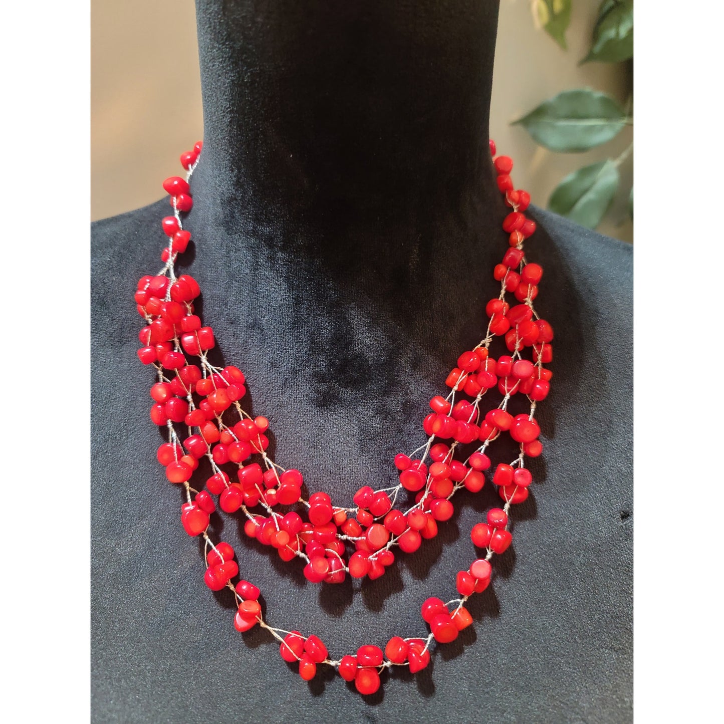 Women's Red Beaded Multi Strand Necklace With Lobster Clasp Handmade Jewelry