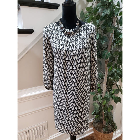 H&M Women's Black & White Polyester Round Neck Long Sleeve Knee Length Dress 14