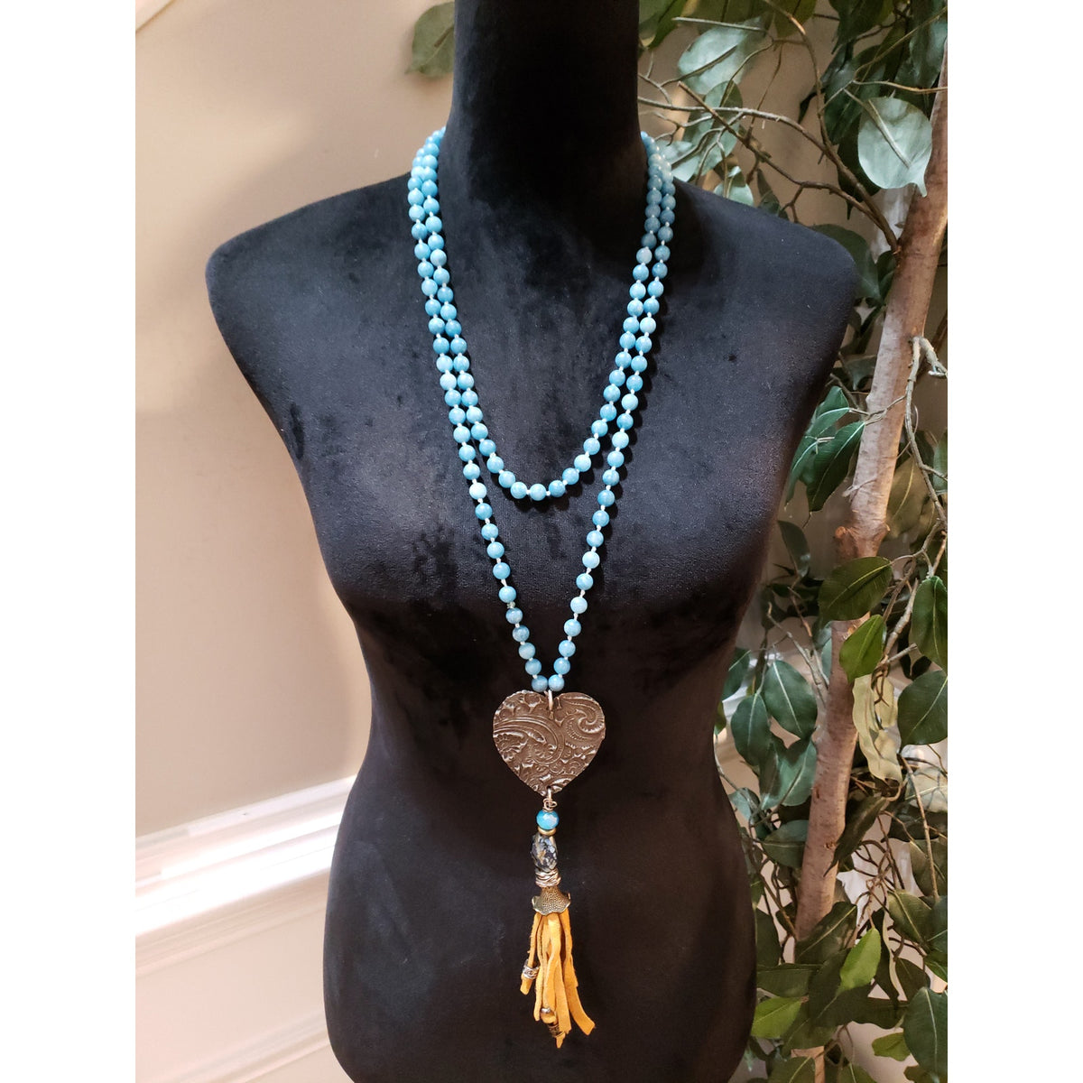 Women Boho 2 Strand Round Turquoise Beaded Heart Pendant Tassel Necklace Jewelry