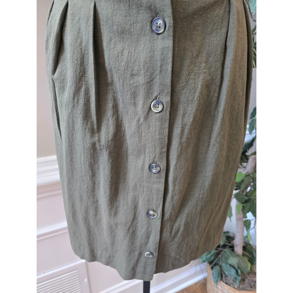 H&M Mini Shirt Dress Women's Small Olive Green Button Up Collar Pleated Back