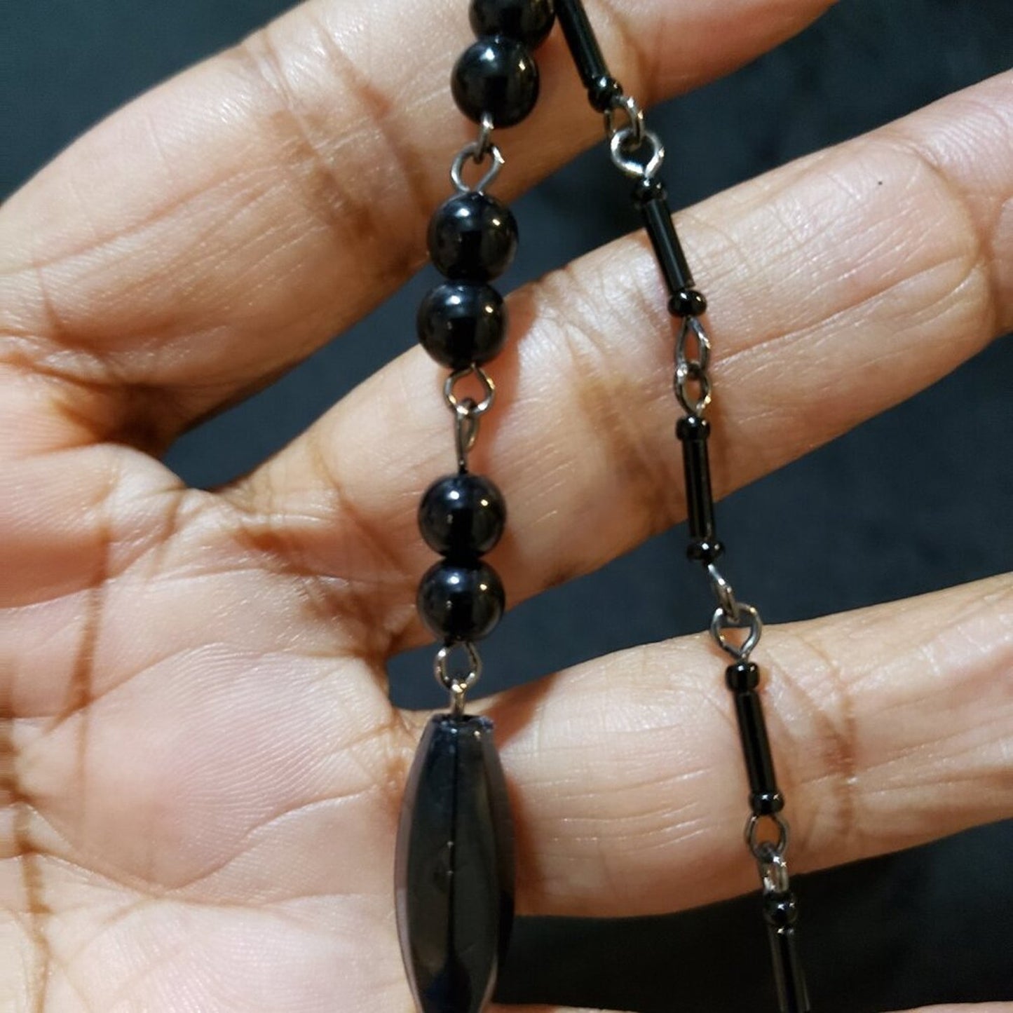 Womens Fashion Black Gemstone Beaded and Links Double Row Necklace Jewelry