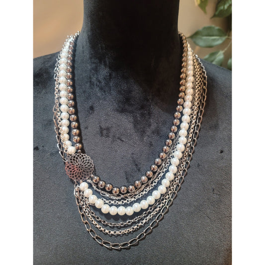 Women's Multi Layer Pearl Beaded Chain Necklace With Silver Flower Pendant