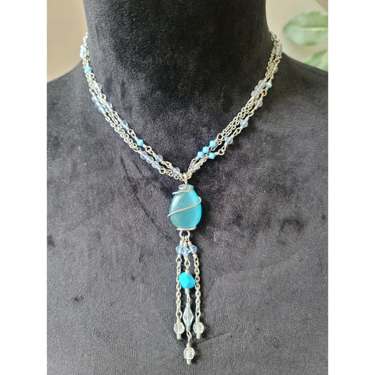Women's Silver Chain Necklace Blue Beaded Dangle Pendant Lobster Clasp Layered