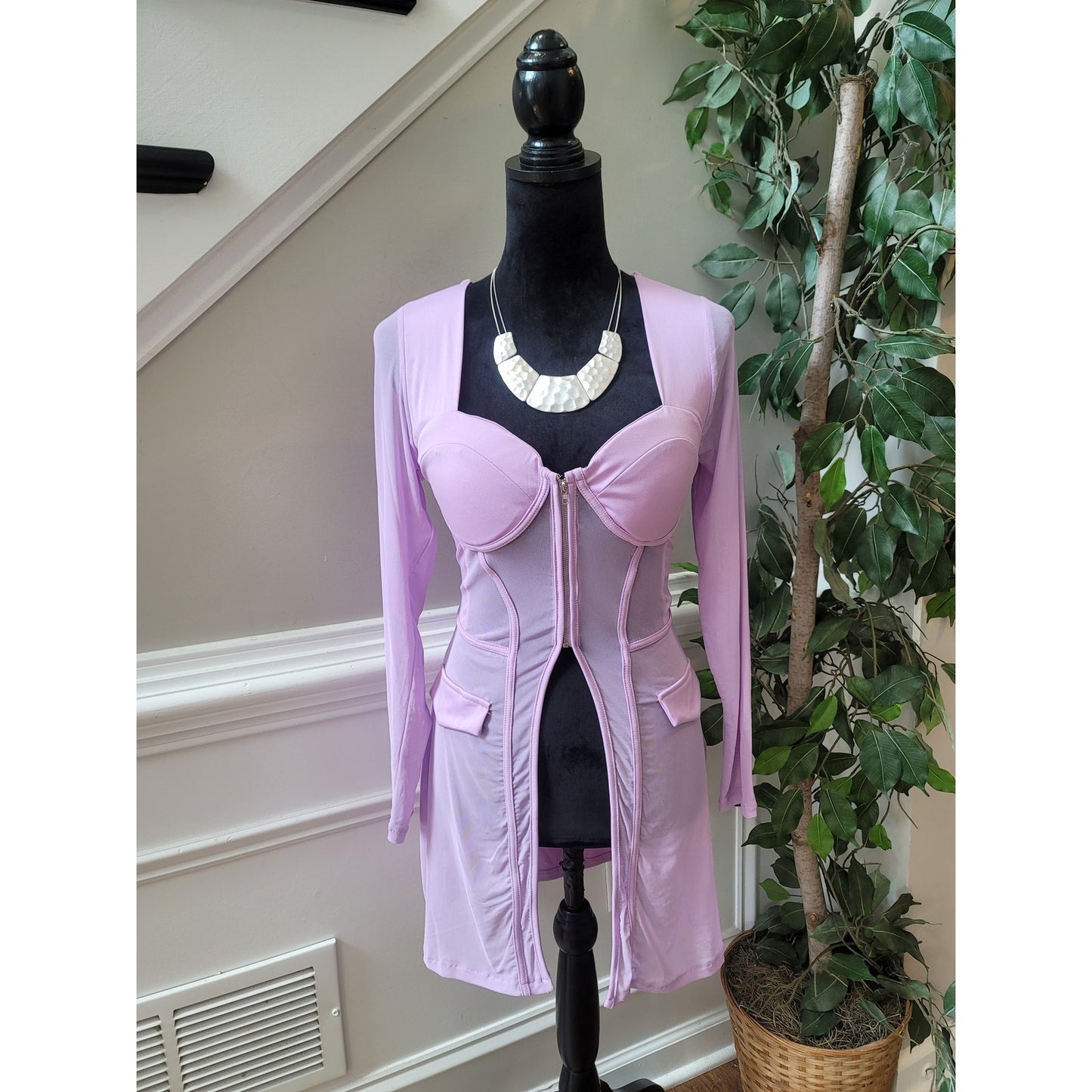 Pink Bodycon Dress Women's Size Medium Long Sleeve Zip Front Fitted Blazer
