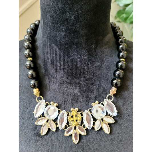 Black Beaded Clear Crystal Floral Statement Necklace Gold Tone Chunky Jewelry