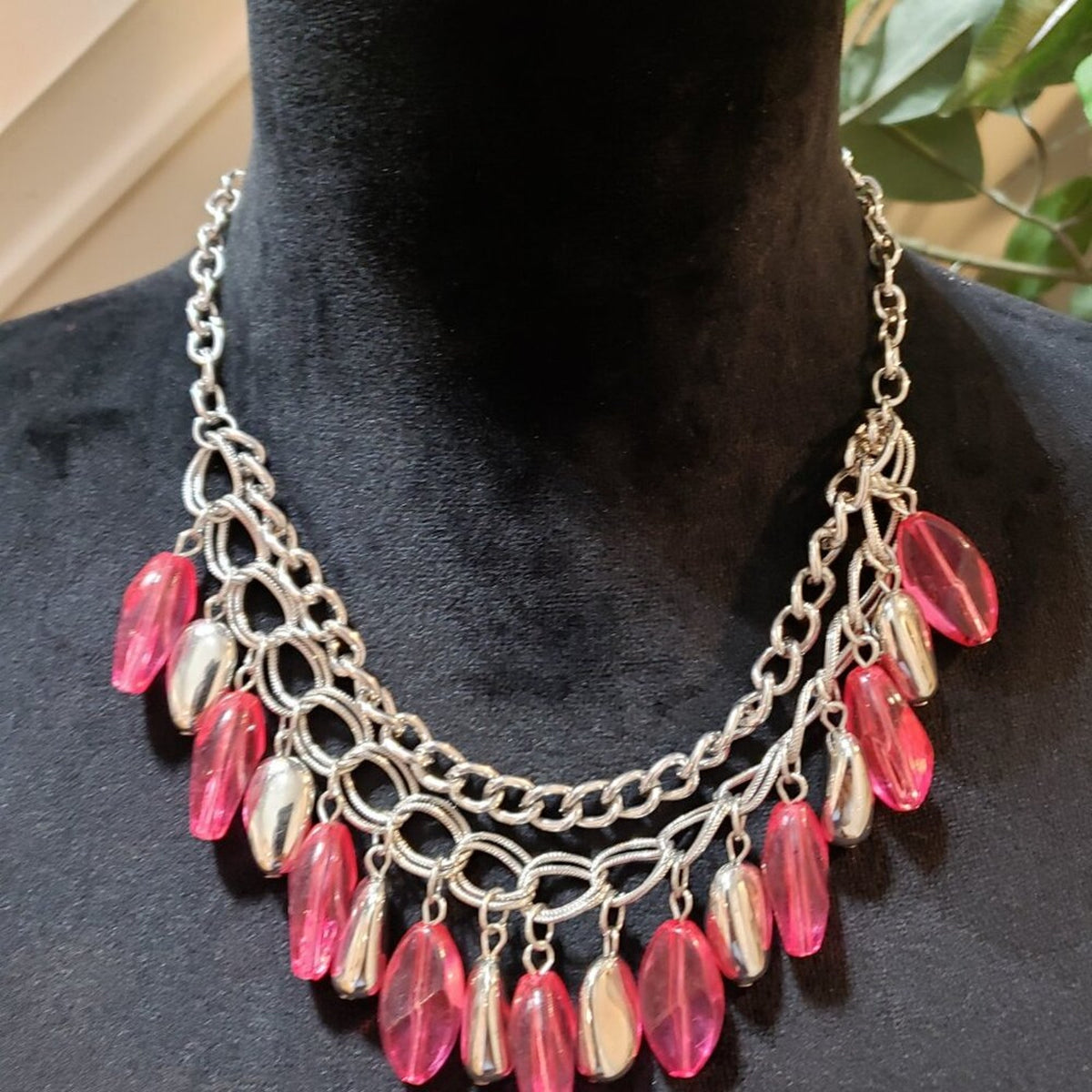 Womens Pink Bead Short Silver Double Chain Spring Daydream Necklace