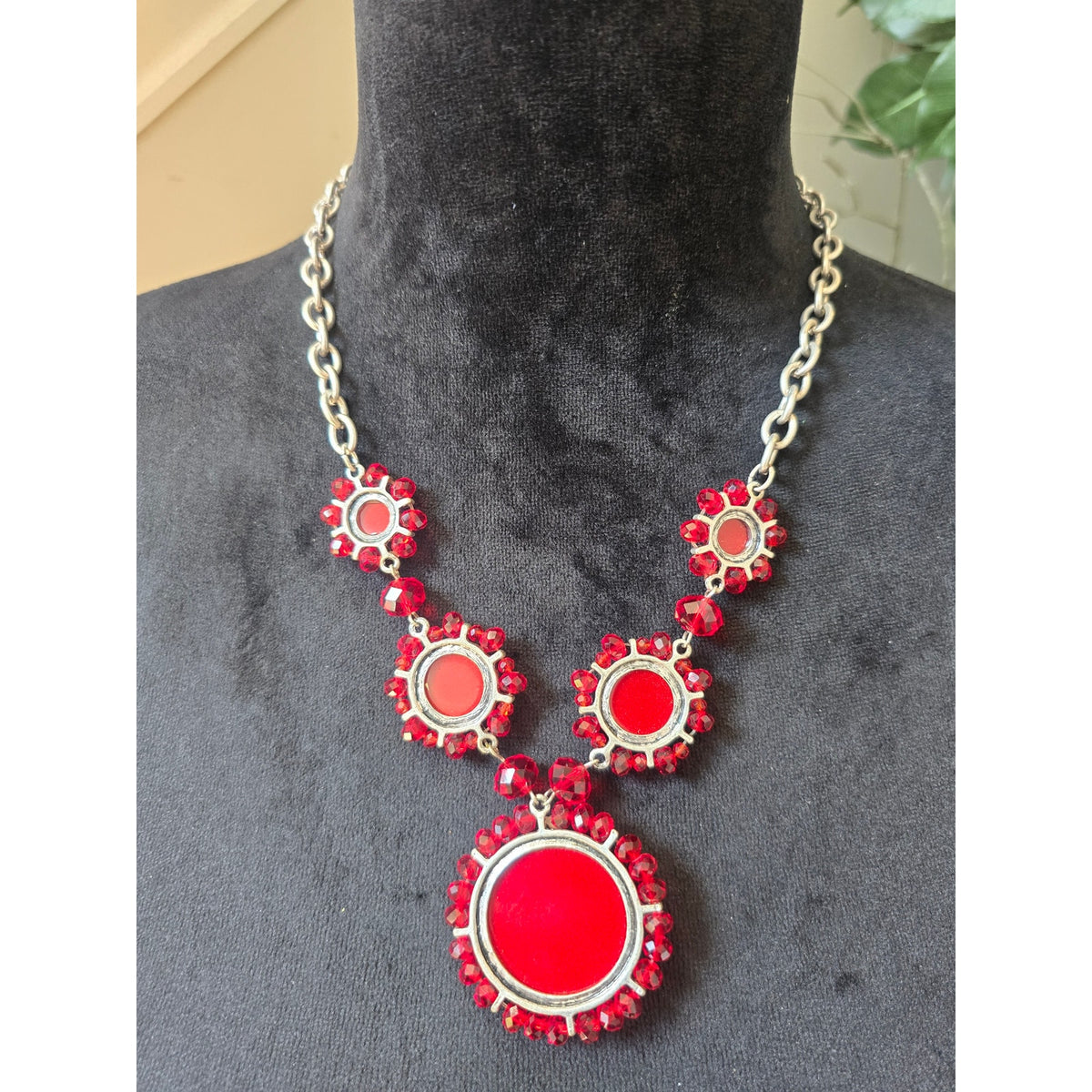 Silver Tone Red Rhinestone Bib Statement Necklace