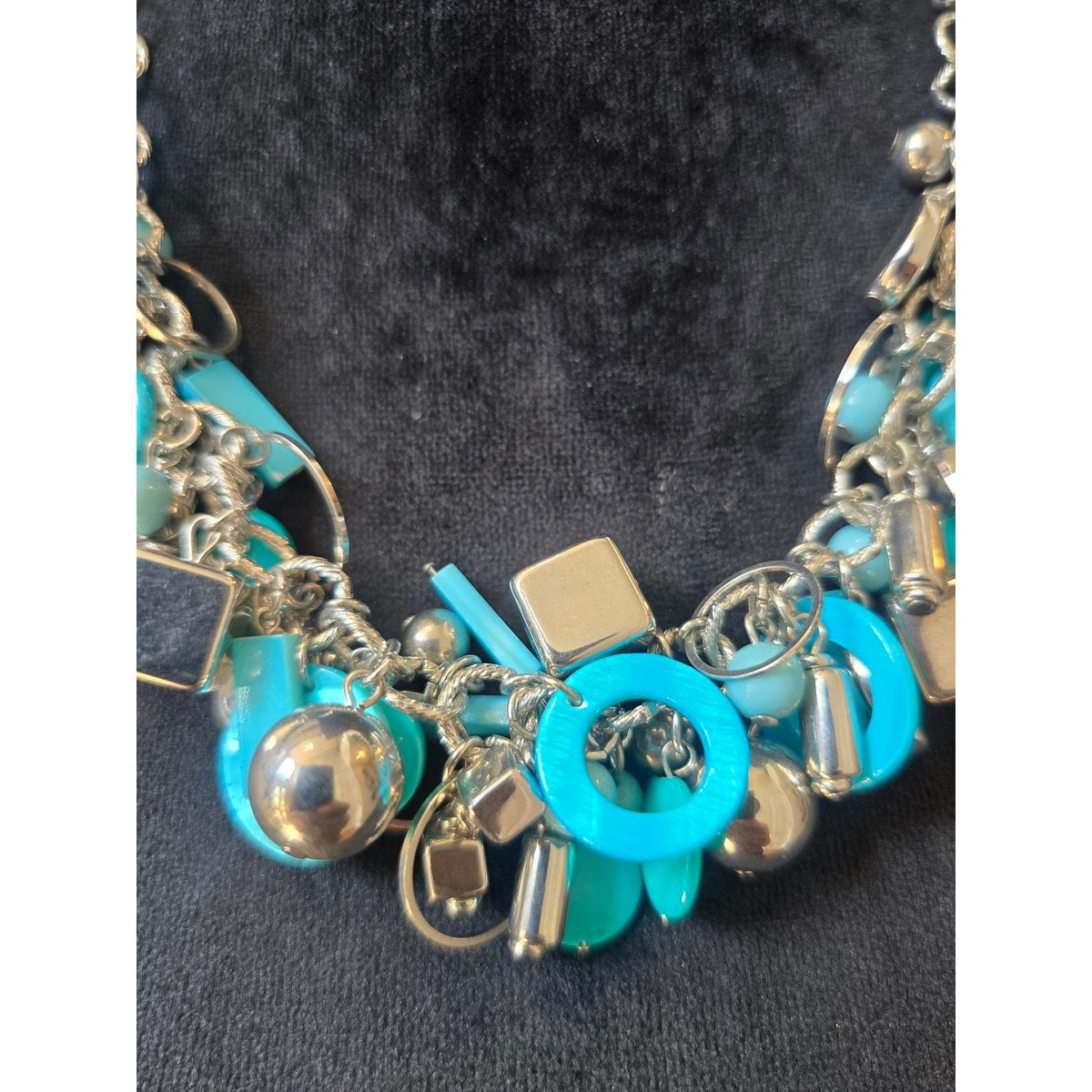 Silver Tone Turquoise Blue Charm Beaded Statement Necklace