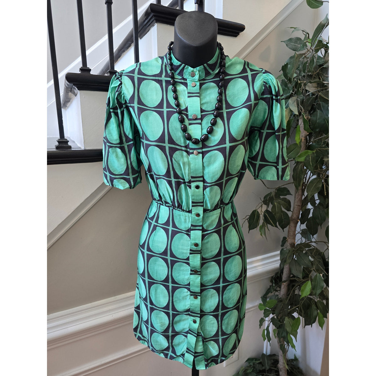 Zara Midi Dress Women's Small Green/Black Geometric Short Sleeve Pleated Back