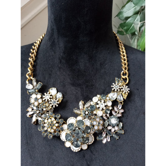 Gold Tone Floral Rhinestone Statement Bib Necklace Gray Crystal Pearl Cluster