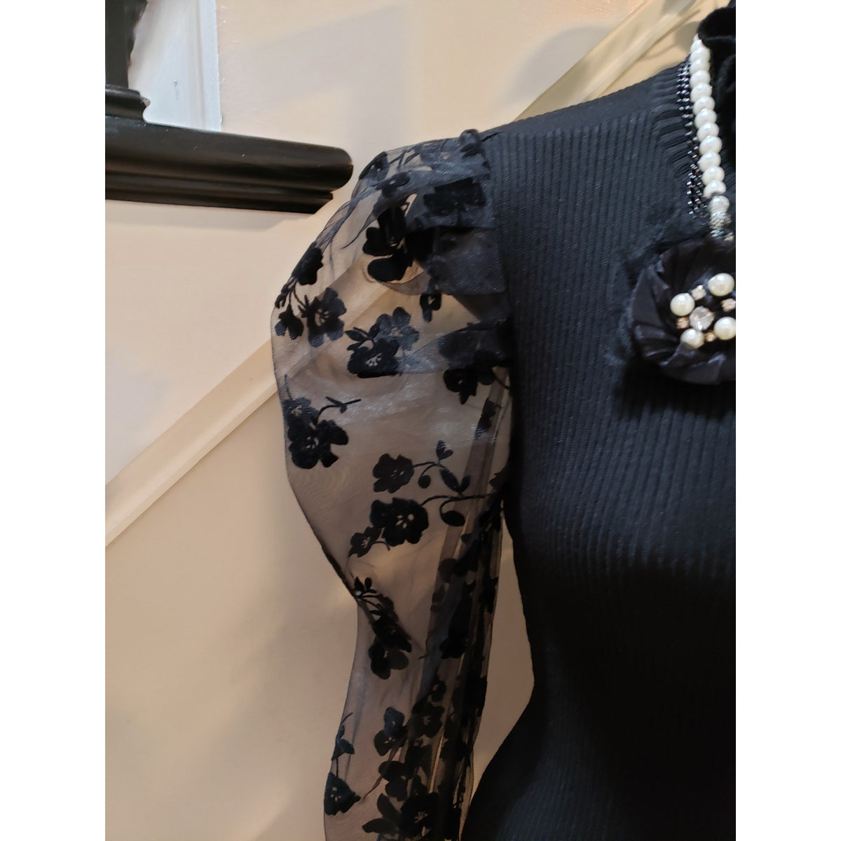 Fashion Nova Bodycon Dress Womens Small Black Floral Sheer Long Sleeve Mock Neck