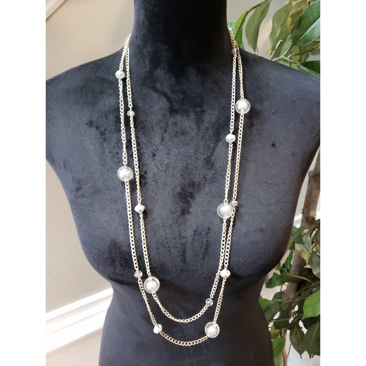 Women's Silver Multi-Strand Long Chain Necklace with Clear Glass Bead Accents