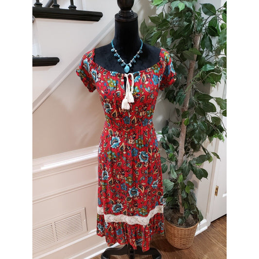 FOREVER 21 Women Red Floral Boho Prairie Farmer Midi Length Dress Size Small