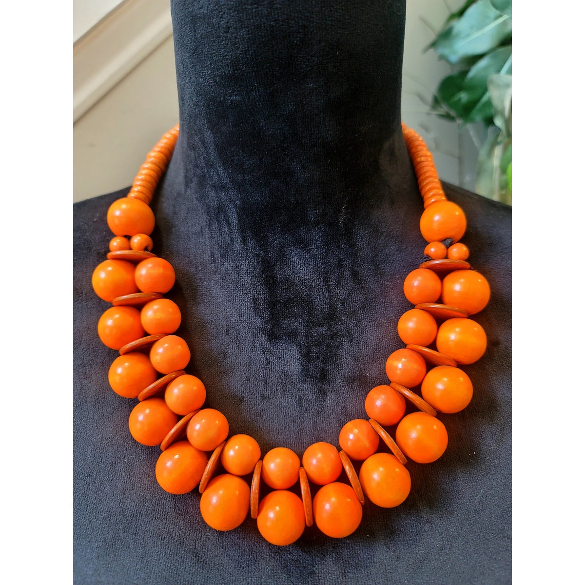 Orange Wooden Bead Statement Necklace Chunky Bib Boho Artisan Bold Fashion 20"