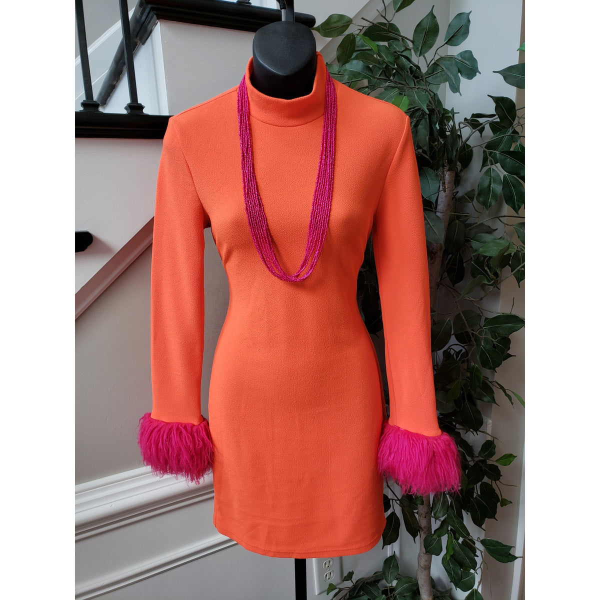 SHEIN Bodycon Dress Women's Medium Orange Long Fringe Sleeve Mock Neck Pullover