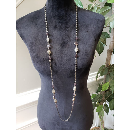 Women Purple Beaded Long Necklace Silver Tone Accents Lobster Clasp Boho