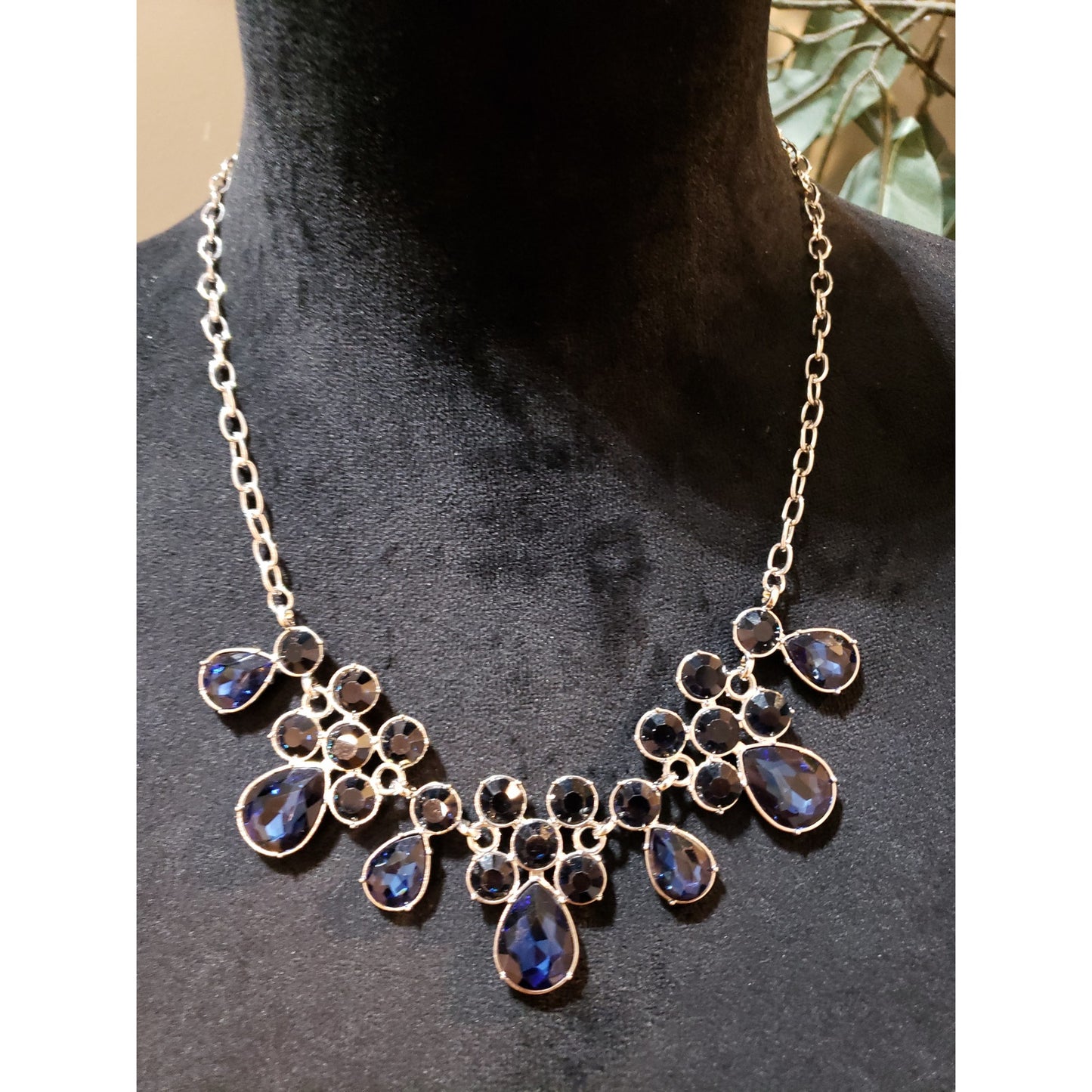 Womens Gold Tone Blue Irregular Teardrop Glass Beads Bib Necklace with Lobster