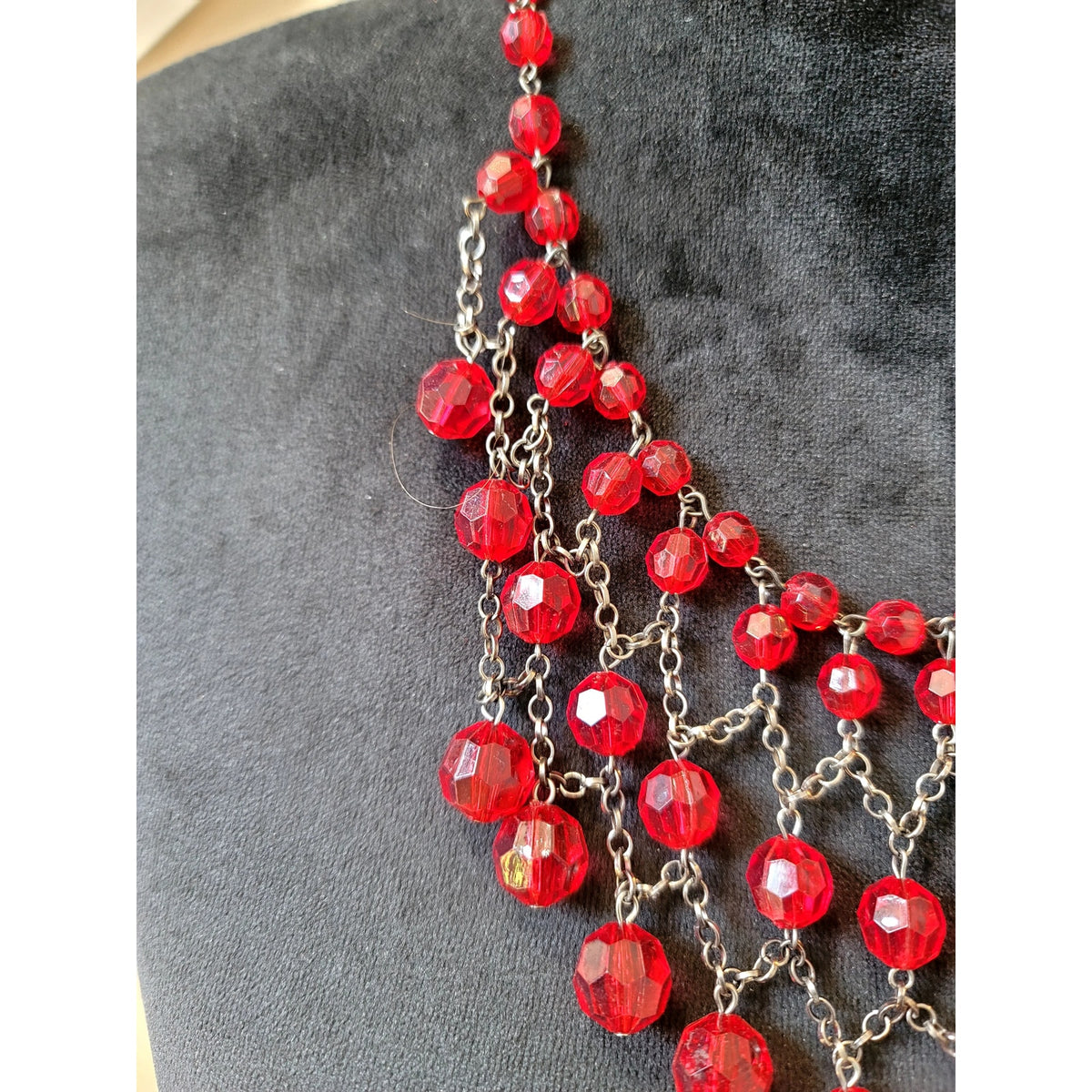 Red Faceted Bead Statement Bib Necklace Silver Tone Layered Cascade Fringe Bold