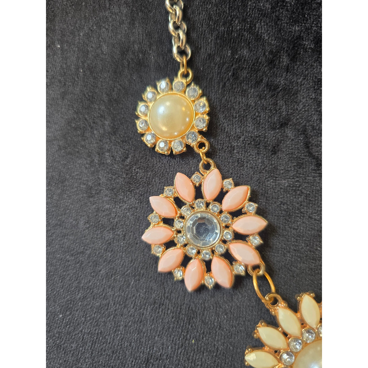 Gold Tone Peach Ivory Floral Rhinestone Statement Necklace