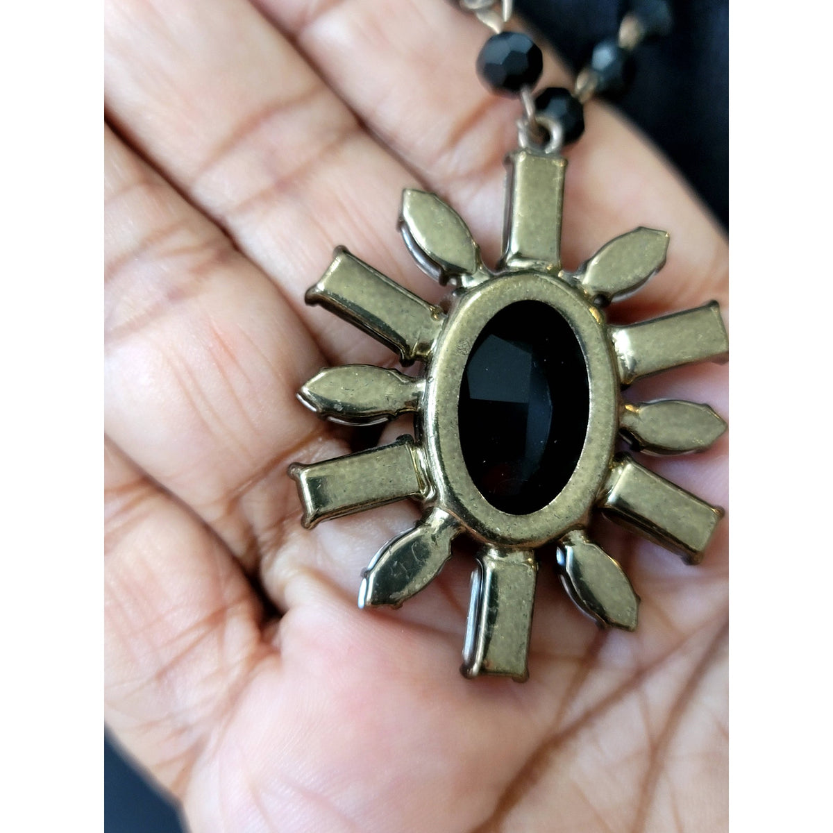 Loft Black Crystal Statement Pendant Necklace Gold Tone Long Chain Vintage