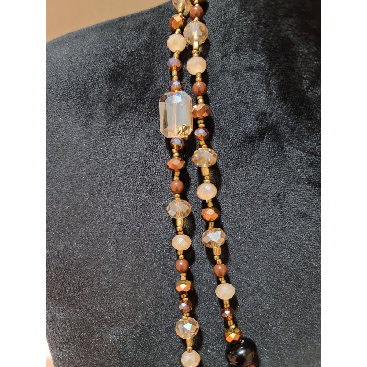 Women's Faceted Crystal and Brown Beaded Long Layered Necklace Jewelry