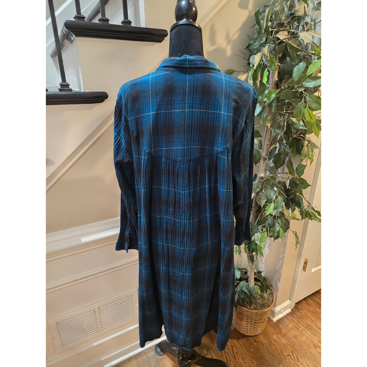 J. Jill Shirt Dress 2X Navy Blue Cotton Plaid Pleated Collared Casual Button-Up