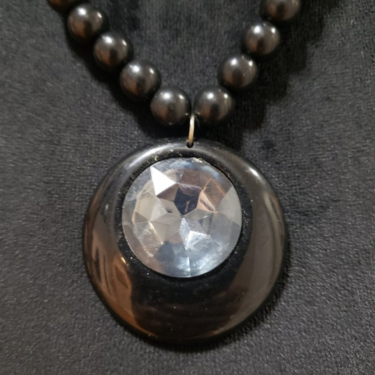 Women Fashion Black Gunmetal Beaded Clear Rhinestone Pendant Necklace w/ Lobster