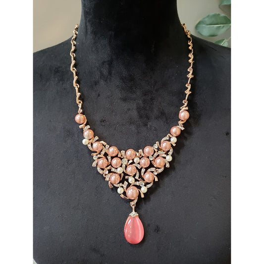 Women's Pink Pearl Statement Necklace Rose Gold Tone Chain Lobster Clasp Elegant