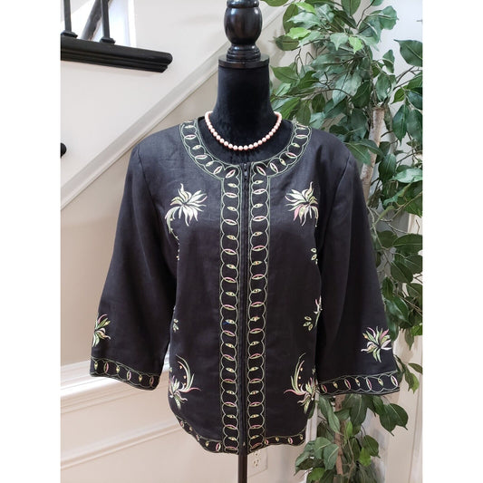 Dressbarn Women's Black Floral 100% Linen Casual Full Zip Blazer Jacket Size 18W