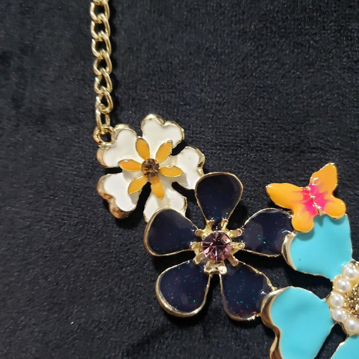 Alilang Golden Tone Enamel Flower and Butterfly Bib Statement Necklace Rhineston
