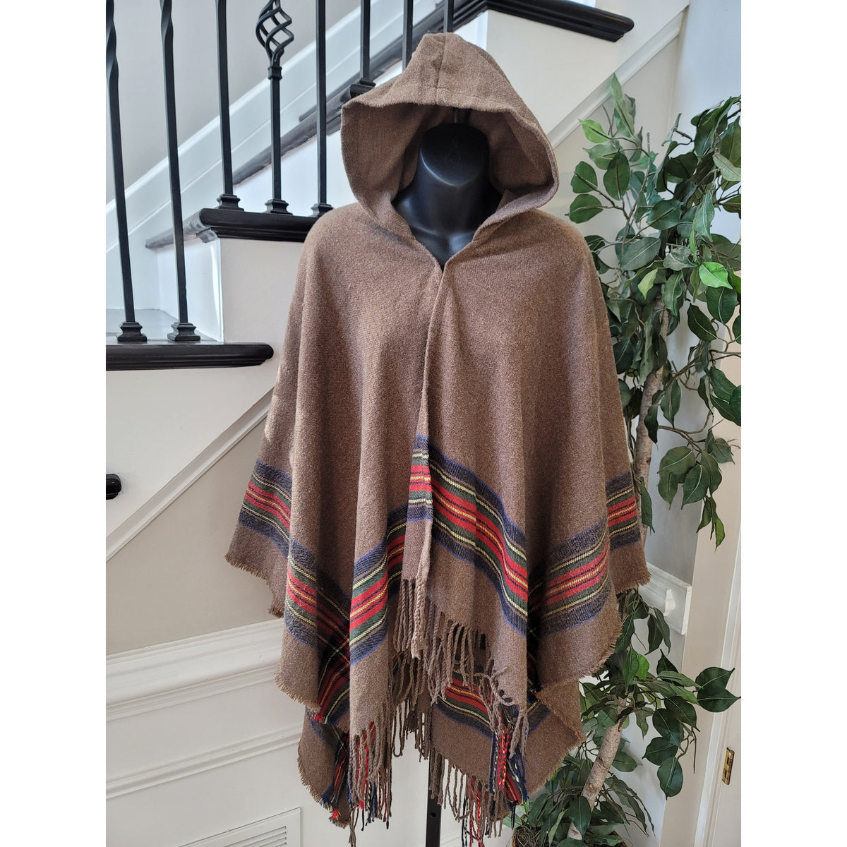 Do Everything in Love Poncho Cape Women's One Size Brown Tartan Plaid Fringe