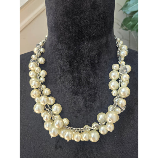 Cream Faux Pearl Silver Tone Multi Strand Statement Necklace