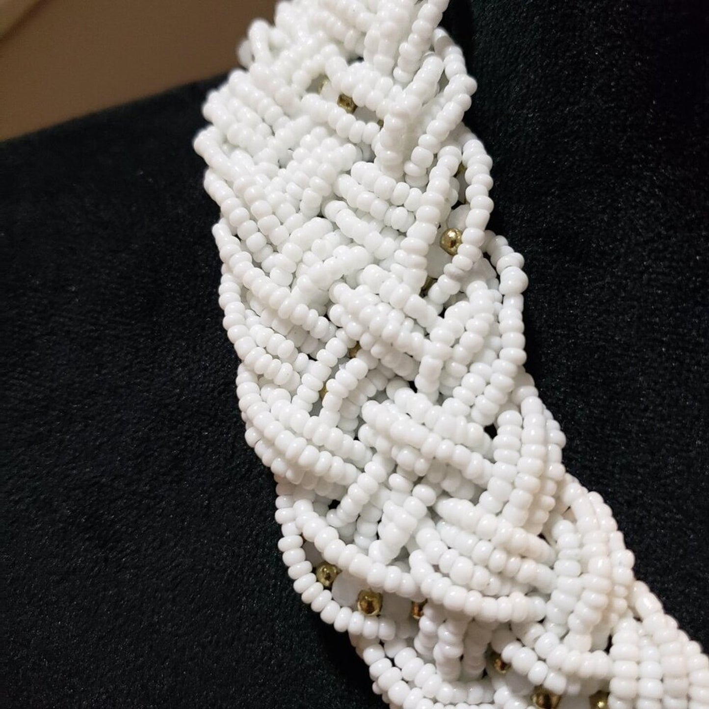 Womens White Braided Seed Beaded Multiple Layers Necklace with Lobster Clasp