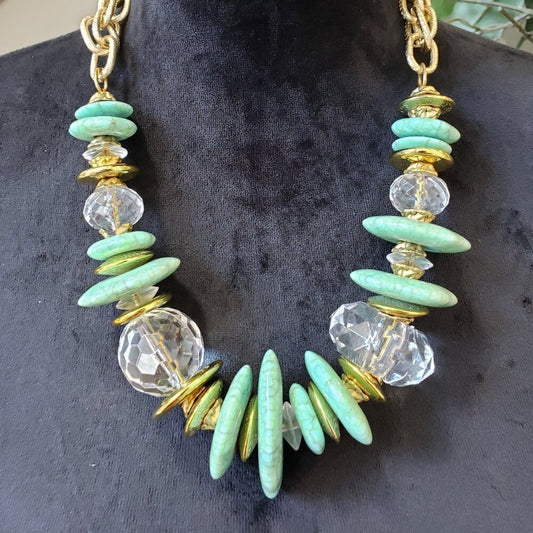 Womens Fashion Green Turquoise Clear Crystal Beaded Necklace with Lobster Clasp