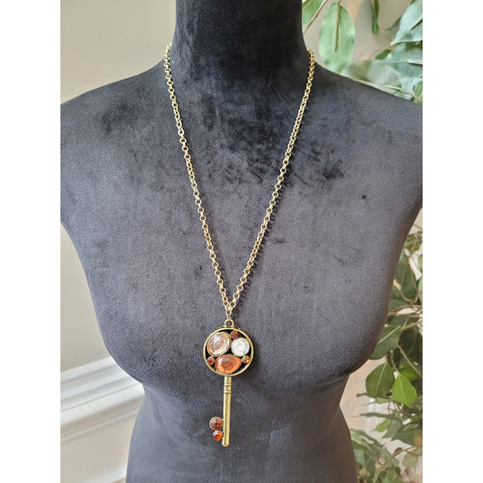 Chico's Women's Key Pendant Necklace With Colorful Gemstones Lobster Clasp Chain